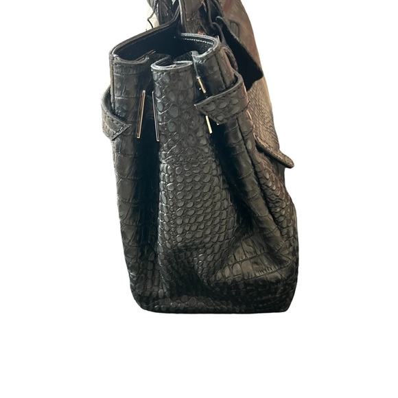 CHARLIE LEPSON SATCHEL LEATHER BLACK CROC DESIGN NEW SILVER HARDWARE - Picture 5 of 10